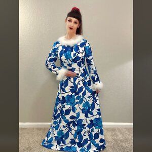 60s Blue & White Floral Marabou Fur Dress Mod MCM Formal Maxi Hostess Tiki L
